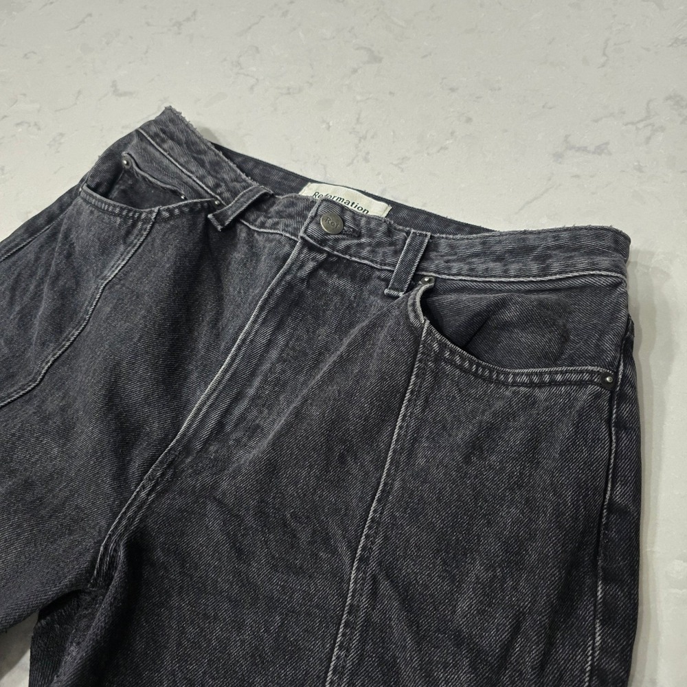 Reformation Pacific Wash Jeans Faded Black High Rise Seamed Raw Hem Edgy Chic